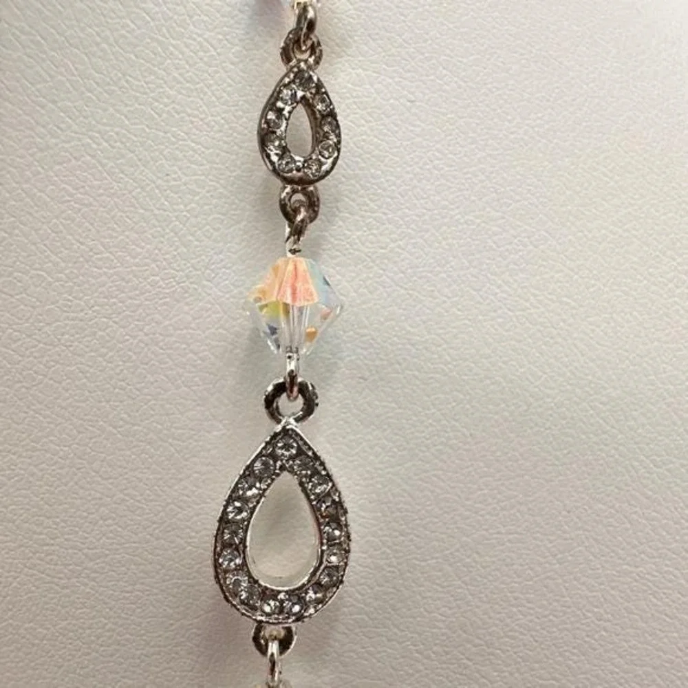 Vintage Y2K Silver Tone Rhinestone Teardrop Necklace AB Crystal‎ Dangle Jewelry